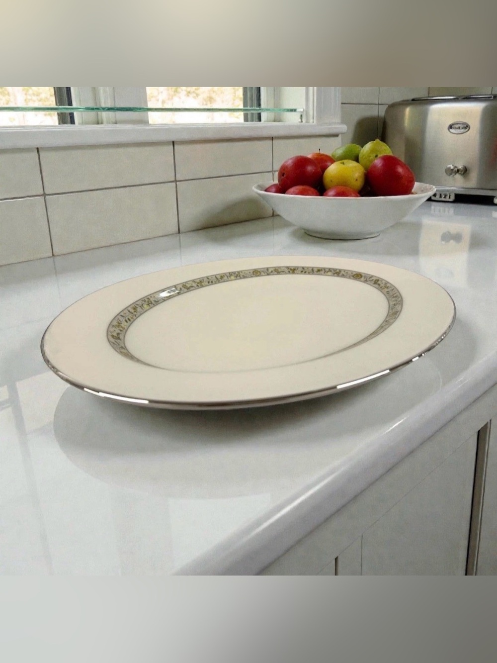Lenox Springdale 16” Oval Serving Platter Ivory Platinum Trim USA Discontinued